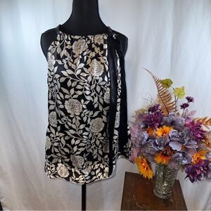 White House Black Market Silk Floral Halter Top Black Ivory Size L
